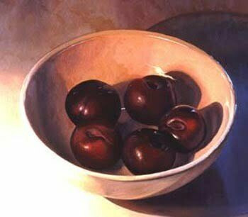 Black Plums in White Bowloil on board, 36 x 40", 2000"Berman indulges in the description of earthenware bowls that contain large, glossy acorn squash or a handful of tomatillos, with their papery skin...The sensuality is undeniable, yet Berman's subtle manipulation of scale sets these works apart from mere description. A plum the size of a cabbage is a wonderful ploy to investigate texture and light. By appealing to the senses first, she opens the door to explore the relationships of objects in space."--Patricia Johnson, Review, Houston Chronicle, Nov. 10, 1998