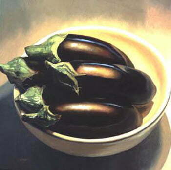 Eggplants in Bowloil on canvas, 30 x 30", 2001"If we allow portraits to be likenesses of subjects other than people, then Berman's still lifes are very much portraits, too. Clearly, Berman captures the likeness, say, of a turnip or a leek so wholly, that she reveals something we should have thought beyond capturing, something utterly like the subject as well as being utterly unlike it, as well."--Susie Kalil, Catalog Essay for "Ellen Berman: Recent Paintings," Art Museum of Southeast Texas, 1989.