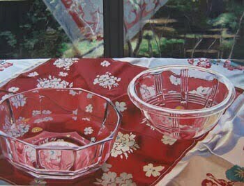 Two Glass Bowls and Reflected Tablecloth Corneroil on board, 36 x 48", 2005“Striped cloth undulates across the space creating a magical landscape. The cherries on two tablecloths replace the actual fruit on the other canvases. Most significantly, flowers and leaves on a tablecloth inside the studio could easily have blown in from the trees pictured through the window outside.”--Clint Willour, Executive Director, Curator, Galveston Arts Center, “Distilling Life: The Paintings of Ellen Berman,” essay for Ellen Berman: Still Life Revisited, South Texas Institute for the Arts, Corpus Christi, Texas, 2004